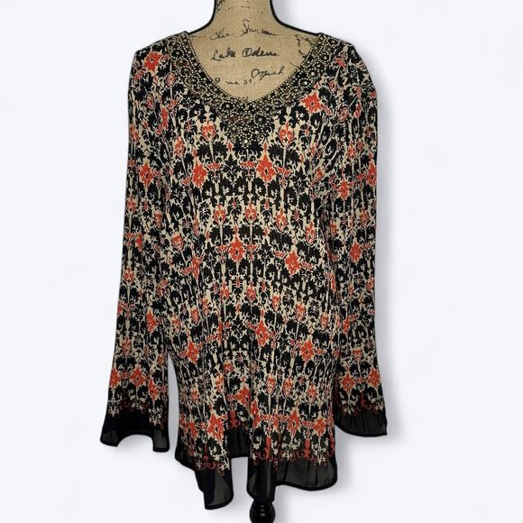 Fashion Bug Crinkle Blouse Sz 4X Black Tan Red Asian Inspired Beaded Art To Wear - Picture 1 of 15
